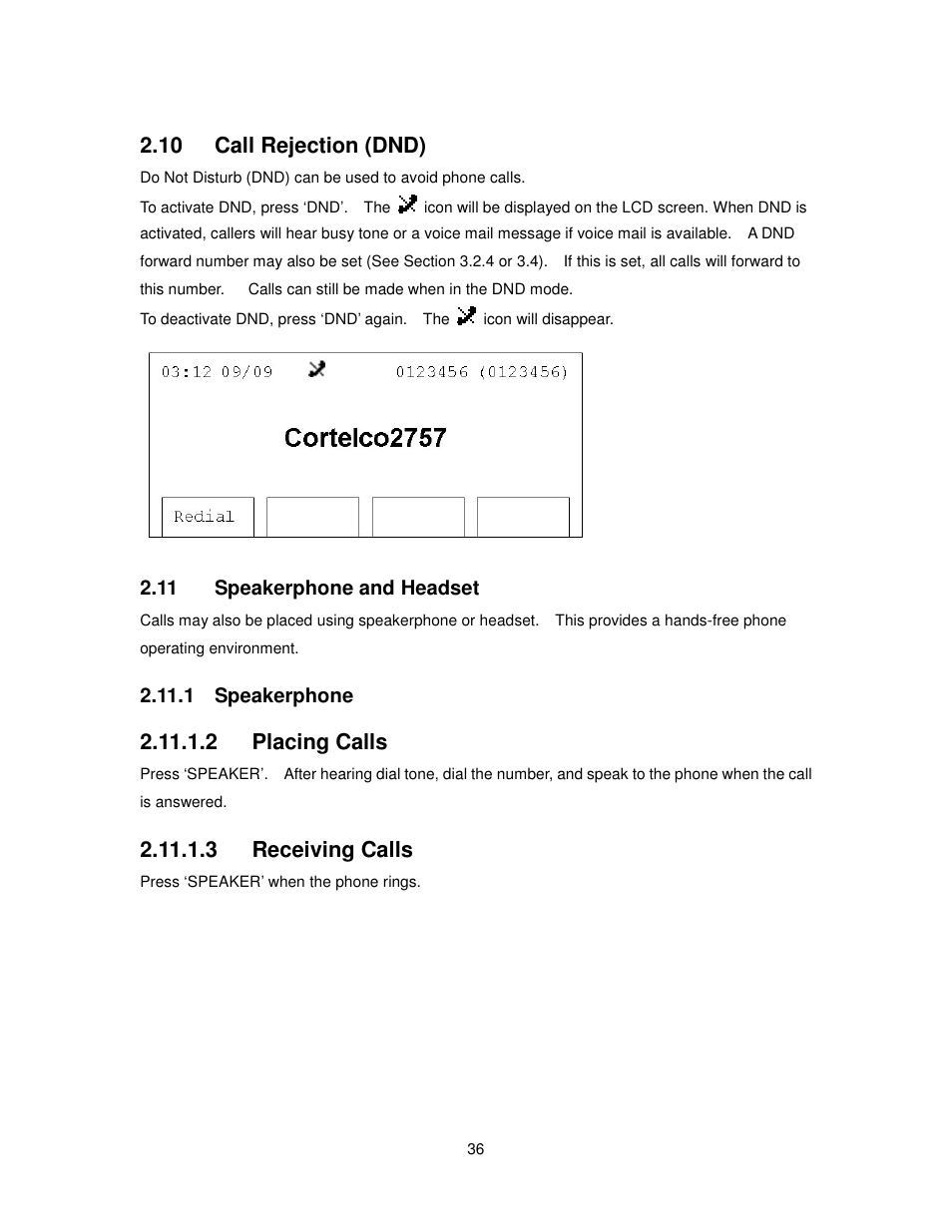 10 call rejection (dnd), 2 placing calls, 3 receiving calls | Cortelco 2757 User Manual | Page 36 / 58