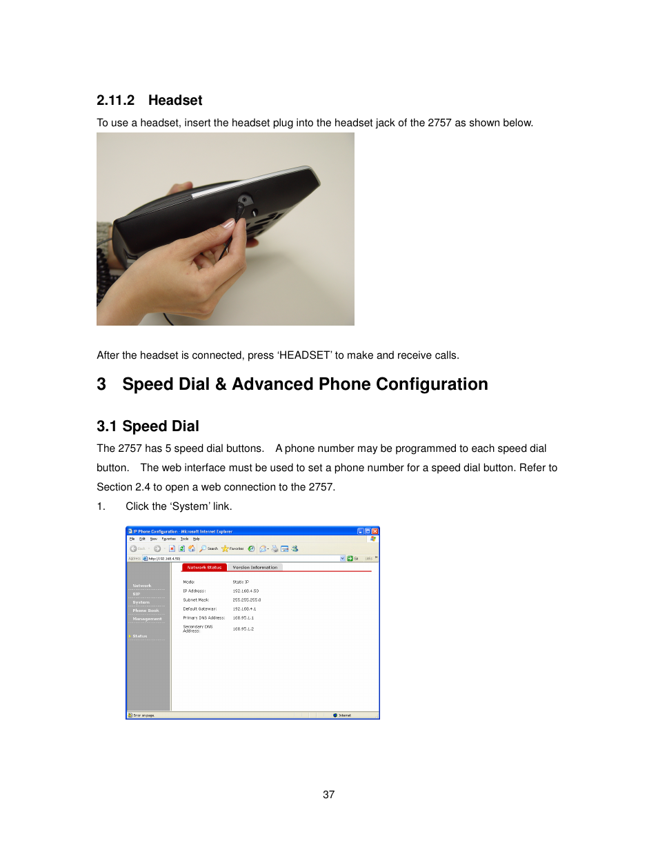 3 speed dial & advanced phone configuration, 1 speed dial, 2 headset | Cortelco 2757 User Manual | Page 37 / 58
