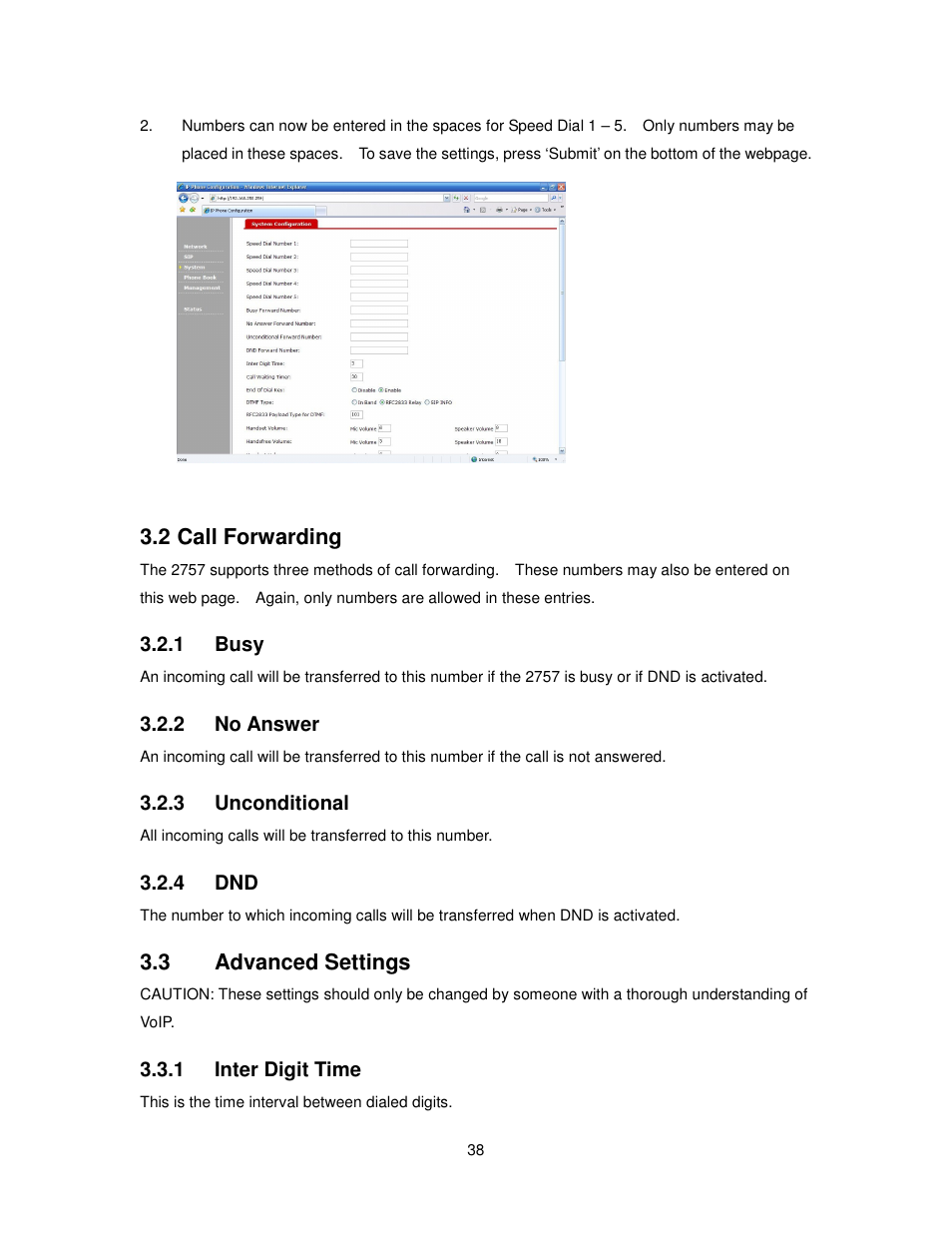 2 call forwarding, 3 advanced settings | Cortelco 2757 User Manual | Page 38 / 58