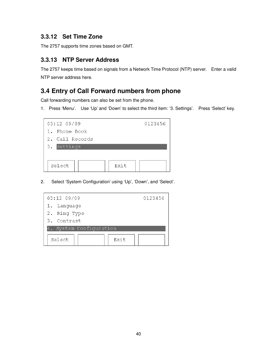 4 entry of call forward numbers from phone, 12 set time zone, 13 ntp server address | Cortelco 2757 User Manual | Page 40 / 58