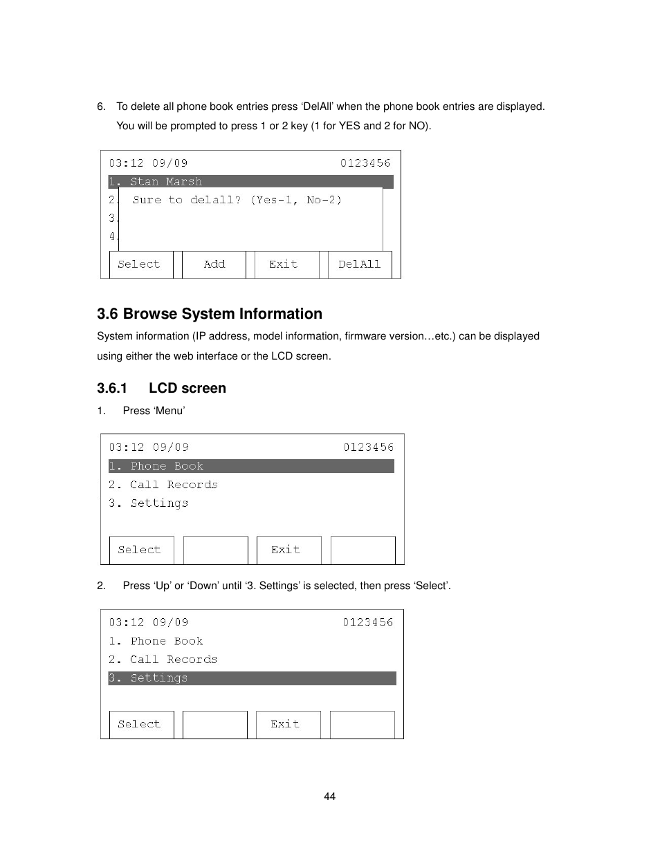 6 browse system information, 1 lcd screen | Cortelco 2757 User Manual | Page 44 / 58