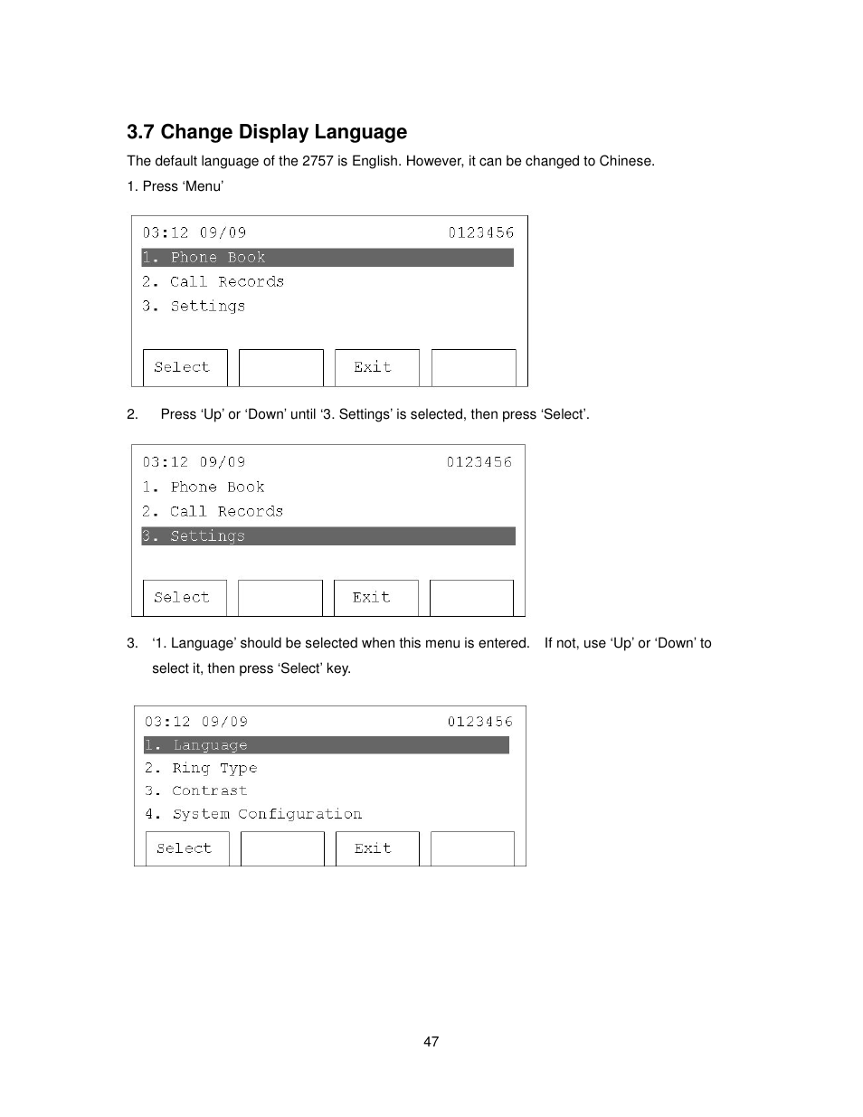 7 change display language | Cortelco 2757 User Manual | Page 47 / 58