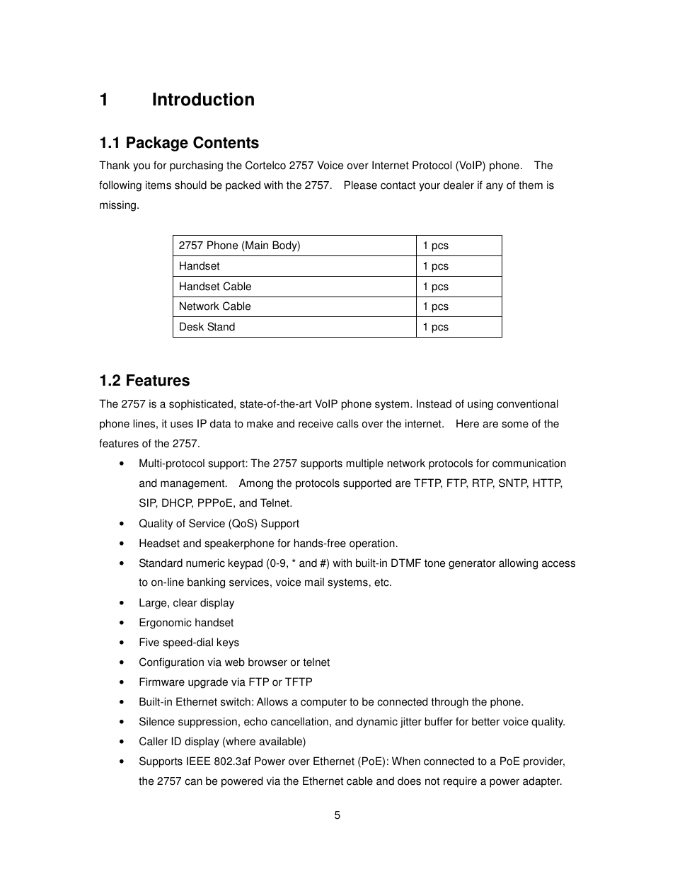 1introduction, 1 package contents, 2 features | Cortelco 2757 User Manual | Page 5 / 58