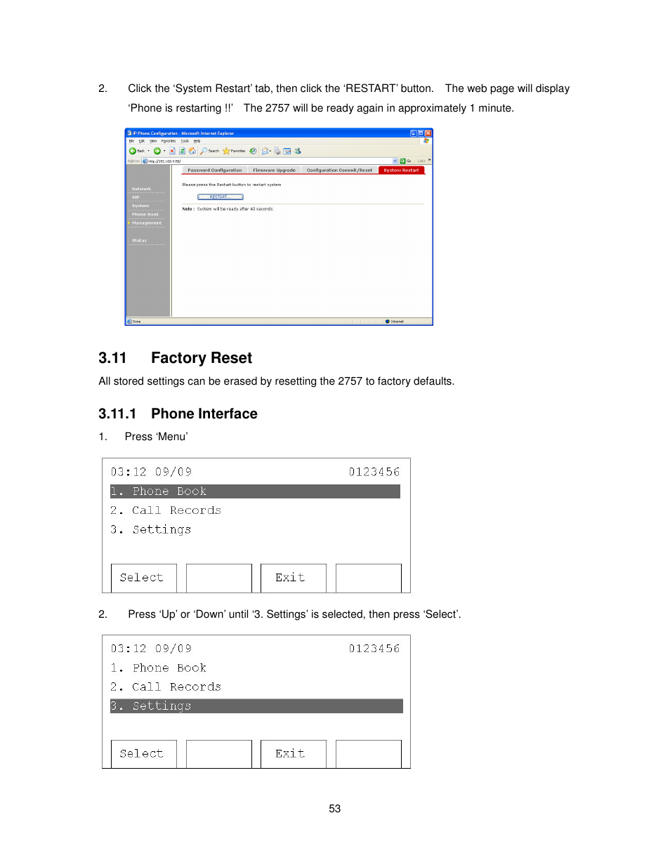 11 factory reset, 1 phone interface | Cortelco 2757 User Manual | Page 53 / 58