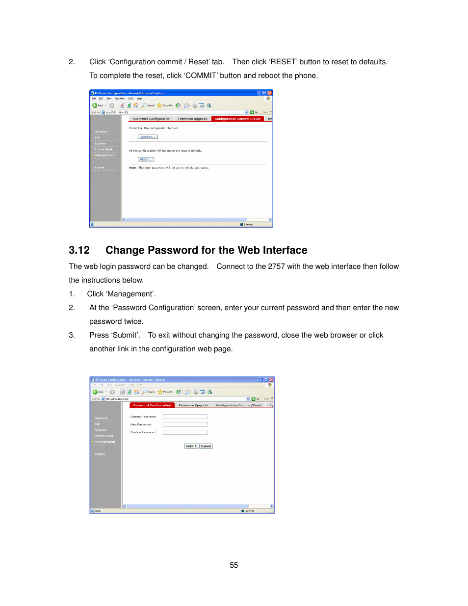 12 change password for the web interface | Cortelco 2757 User Manual | Page 55 / 58