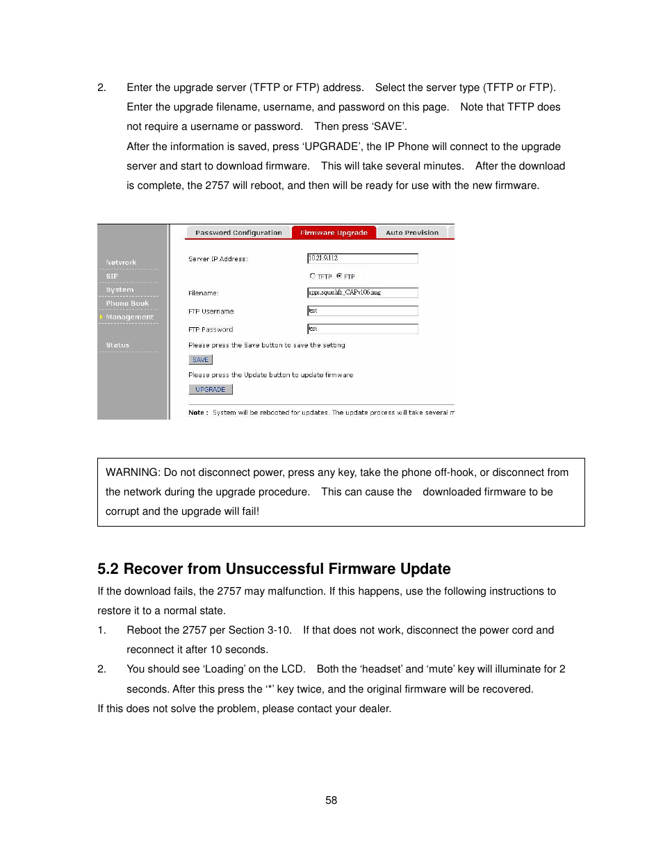 2 recover from unsuccessful firmware update | Cortelco 2757 User Manual | Page 58 / 58
