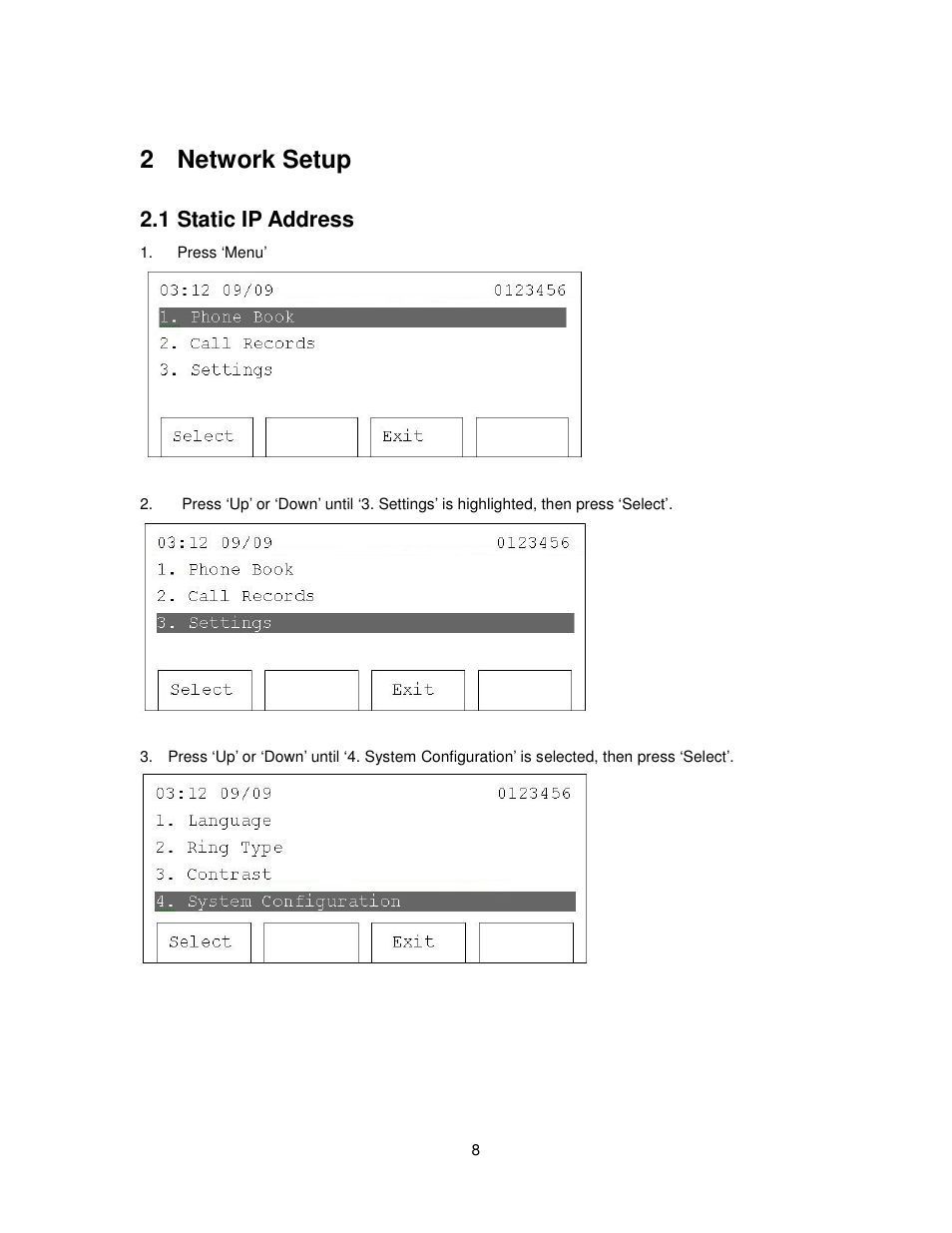 2 network setup, 1 static ip address | Cortelco 2757 User Manual | Page 8 / 58