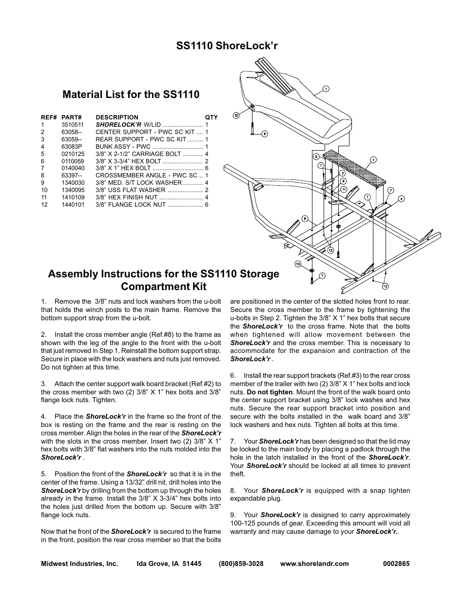 Material list for the ss1110, Ss1110 shorelock’r | ShoreLand'r PWC1512 V.1 User Manual | Page 6 / 6