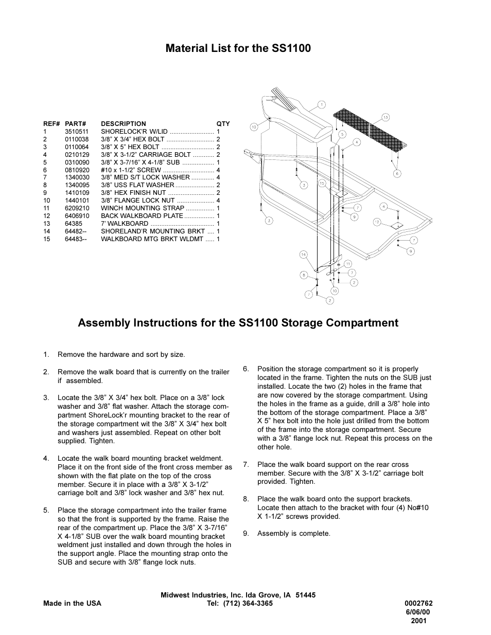 Material list for the ss1100 | ShoreLand'r PWC1512W User Manual | Page 4 / 4