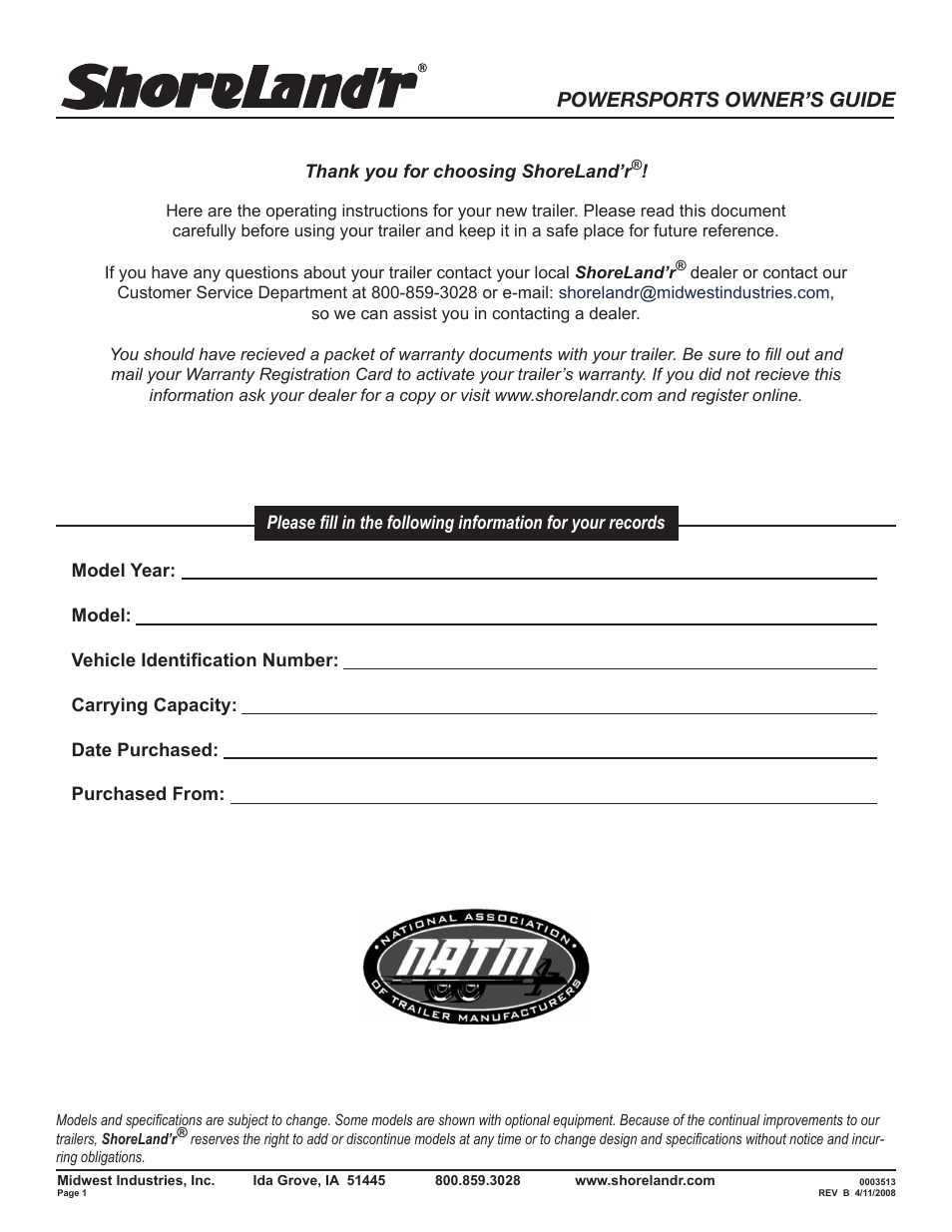 ShoreLand'r Powersports Trailer 2008 User Manual | 18 pages