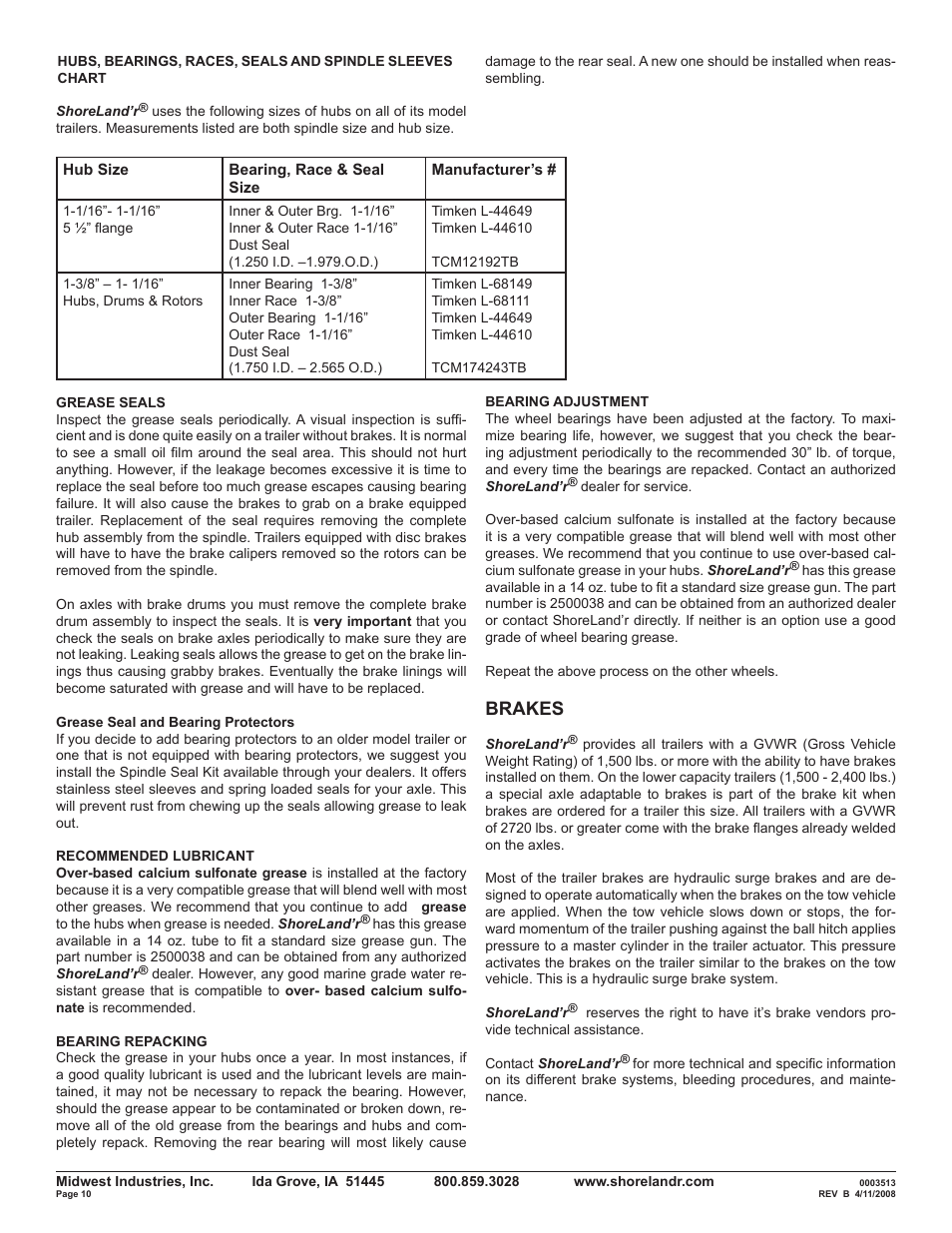Brakes | ShoreLand'r Powersports Trailer 2008 User Manual | Page 10 / 18