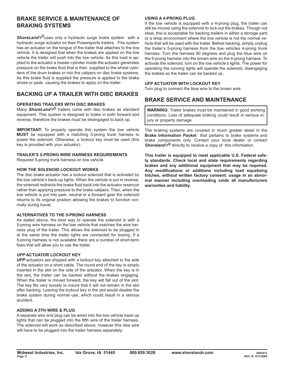 Brake service & maintenance of braking systems, Backing up a trailer with disc brakes, Brake service and maintenance | ShoreLand'r Powersports Trailer 2008 User Manual | Page 11 / 18