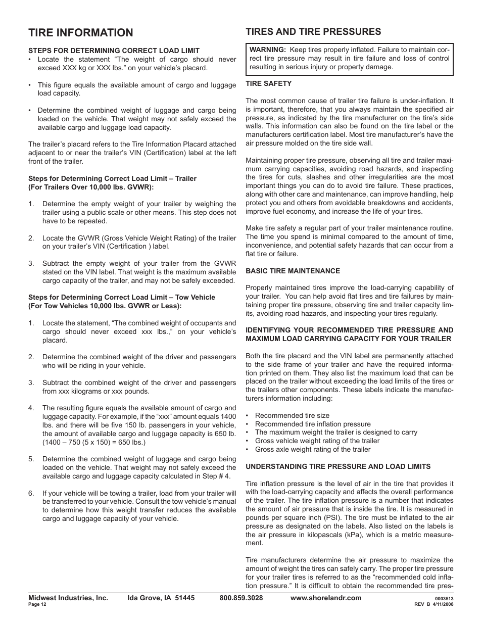 Tire information, Tires and tire pressures | ShoreLand'r Powersports Trailer 2008 User Manual | Page 12 / 18