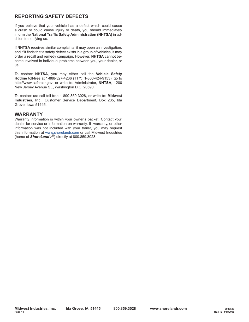 Reporting safety defects, Warranty | ShoreLand'r Powersports Trailer 2008 User Manual | Page 18 / 18