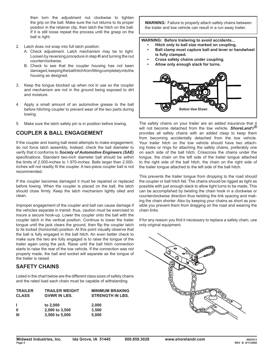 Coupler & ball engagement, Safety chains | ShoreLand'r Powersports Trailer 2008 User Manual | Page 5 / 18