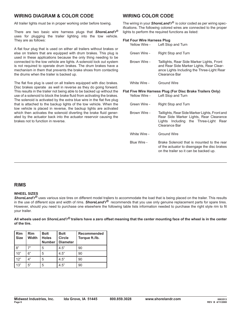 Wiring diagram & color code, Wiring color code, Rims | ShoreLand'r Powersports Trailer 2008 User Manual | Page 6 / 18