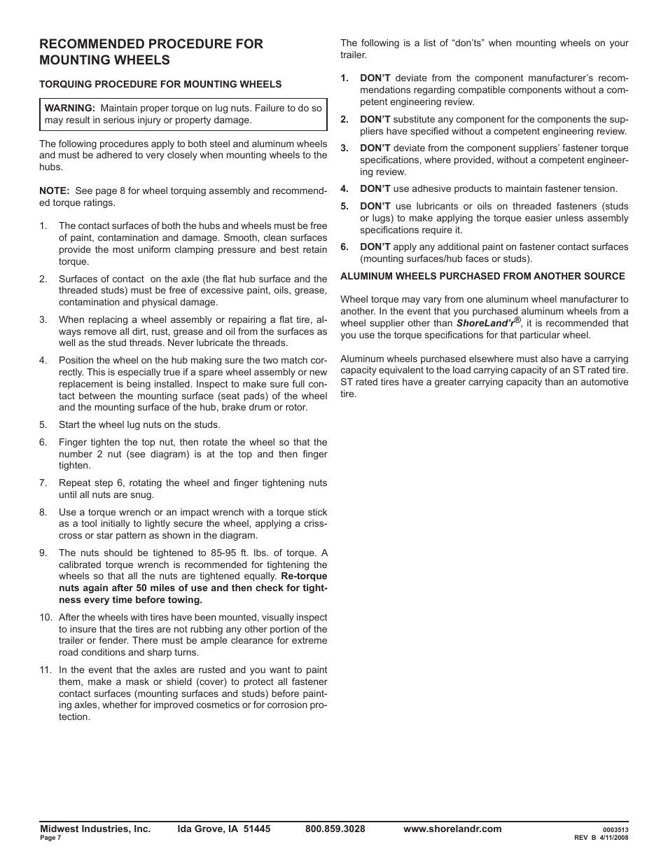Recommended procedure for mounting wheels | ShoreLand'r Powersports Trailer 2008 User Manual | Page 7 / 18