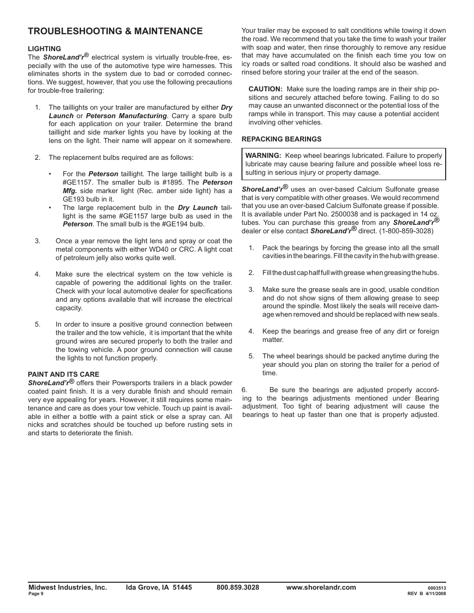 Troubleshooting & maintenance | ShoreLand'r Powersports Trailer 2008 User Manual | Page 9 / 18