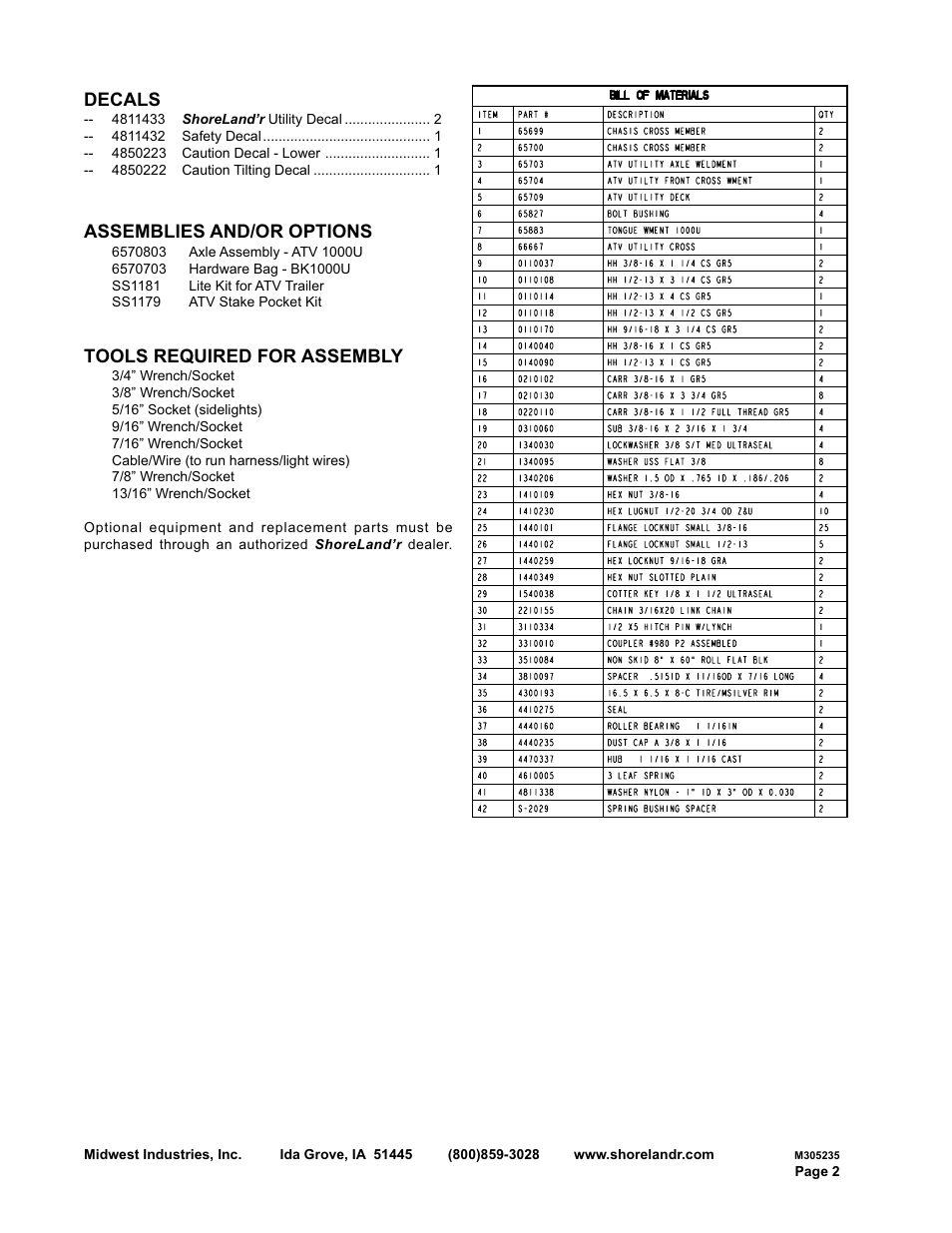 Decals, Assemblies and/or options, Tools required for assembly | ShoreLand'r BK1000U V.2 User Manual | Page 2 / 8