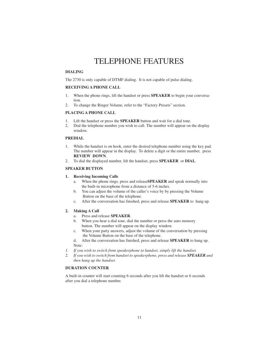 Telephone features | Cortelco 2730 User Manual | Page 11 / 24