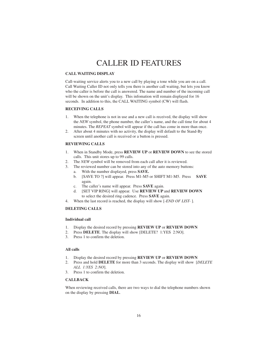 Caller id features | Cortelco 2730 User Manual | Page 16 / 24