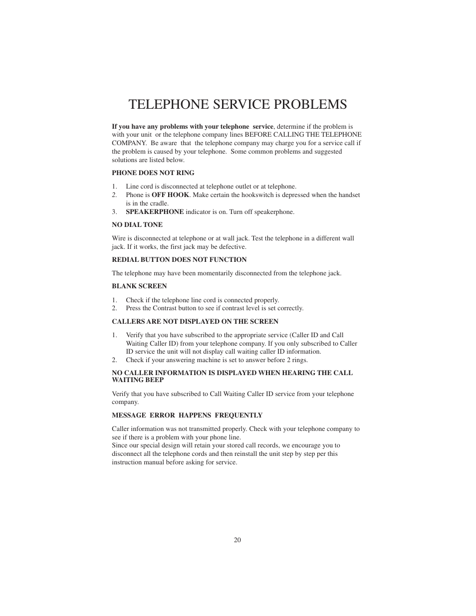 Telephone service problems | Cortelco 2730 User Manual | Page 20 / 24