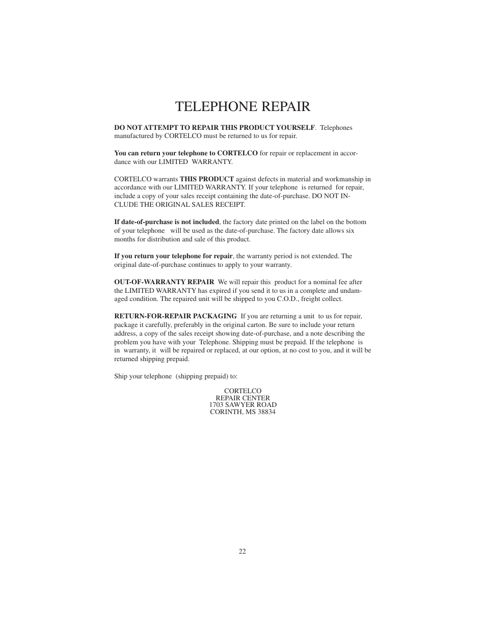 Telephone repair | Cortelco 2730 User Manual | Page 22 / 24