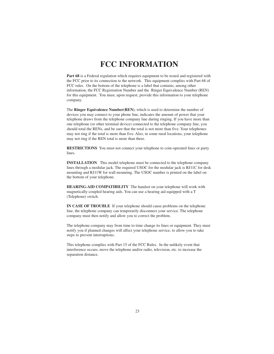 Fcc information | Cortelco 2730 User Manual | Page 23 / 24