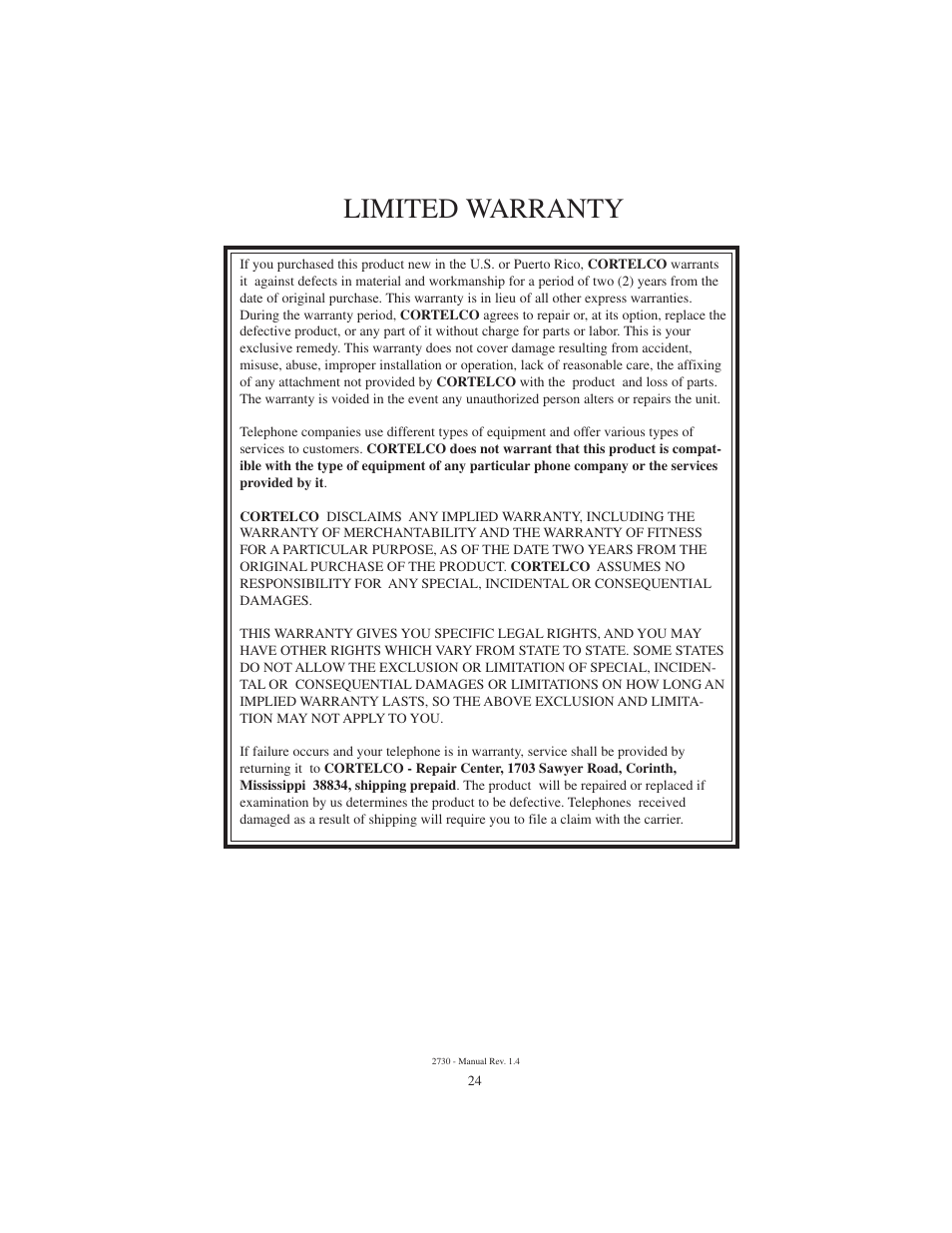 Limited warranty | Cortelco 2730 User Manual | Page 24 / 24