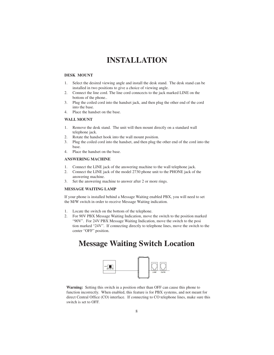 Installation, Message waiting switch location | Cortelco 2730 User Manual | Page 8 / 24