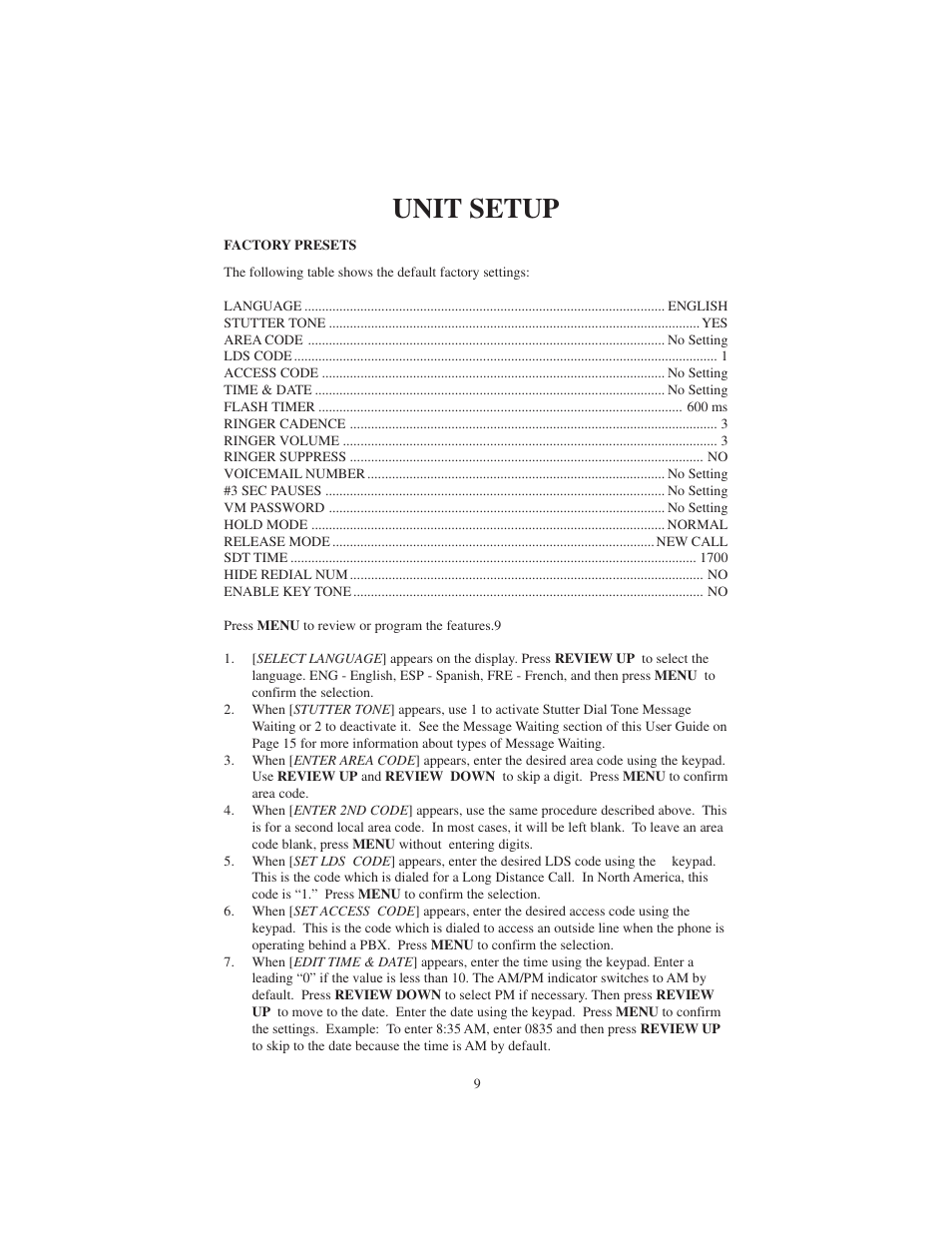 Unit setup | Cortelco 2730 User Manual | Page 9 / 24