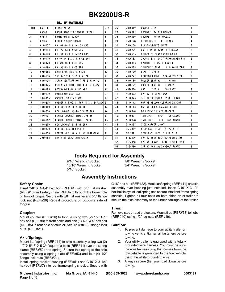 Bk2200us-r, Tools required for assembly, Assembly instructions | ShoreLand'r BK2200US-R V.1 User Manual | Page 2 / 6