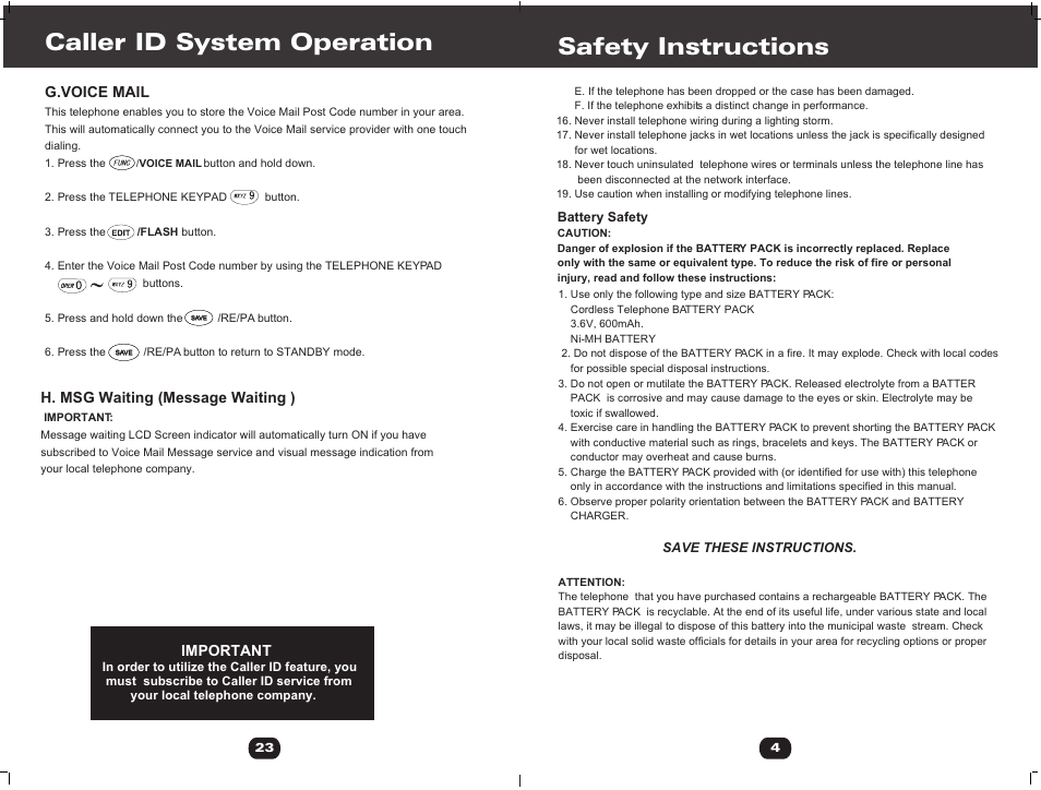 Т³гж 11, Safety instructions, Caller id system operation | Cortelco 730901-TP2-27F User Manual | Page 11 / 20