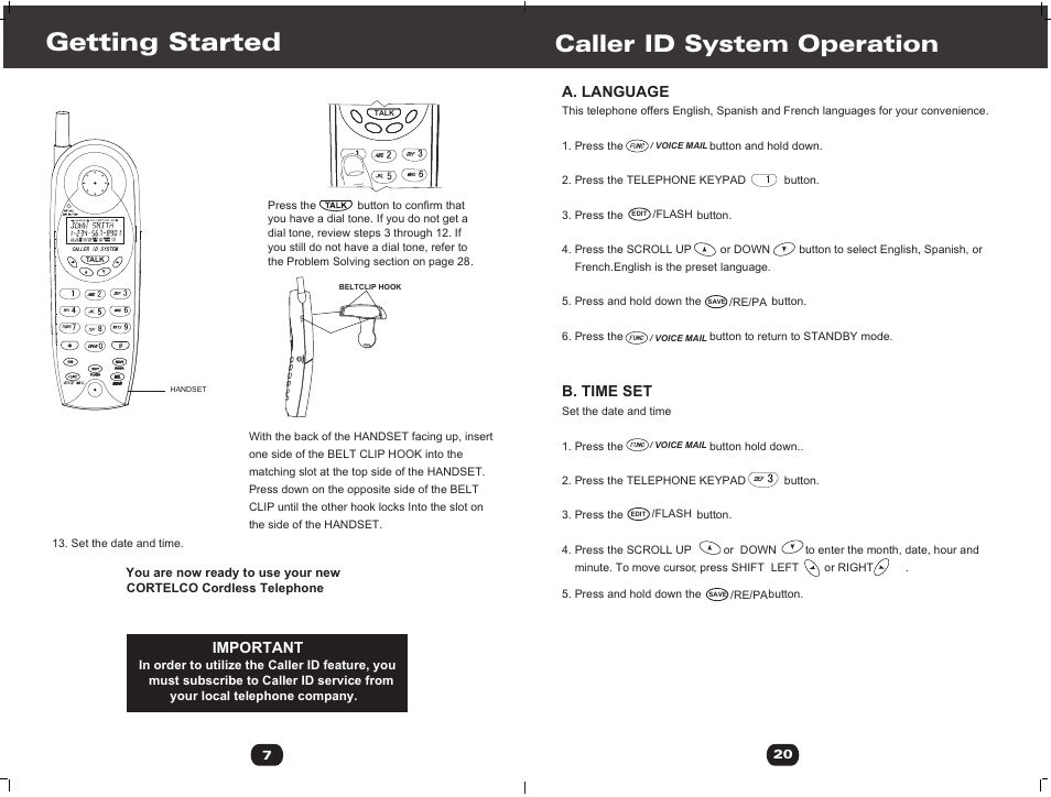 Т³гж 14, Getting started, Caller id system operation | Important, A. language, B. time set | Cortelco 730901-TP2-27F User Manual | Page 14 / 20