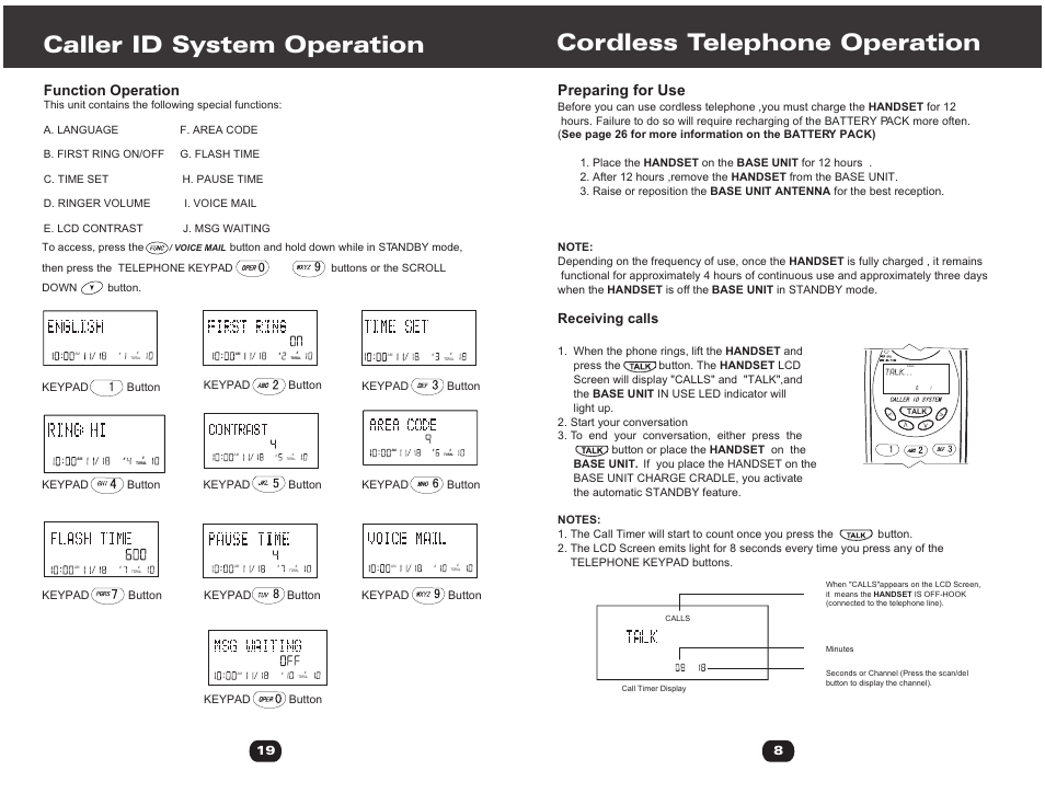 Т³гж 15, Cordless telephone operation, Caller id system operation | Preparing for use, Function operation, Receiving calls | Cortelco 730901-TP2-27F User Manual | Page 15 / 20