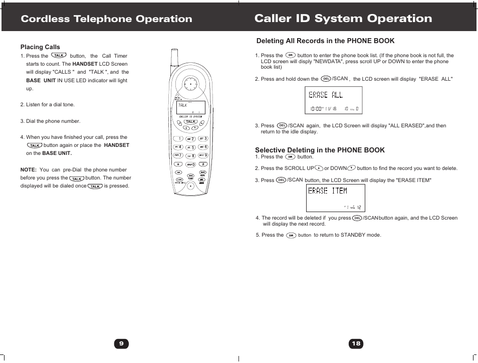 Т³гж 16, Caller id system operation, Cordless telephone operation | Selective deleting in the phone book, Deleting all records in the phone book, Placing calls | Cortelco 730901-TP2-27F User Manual | Page 16 / 20