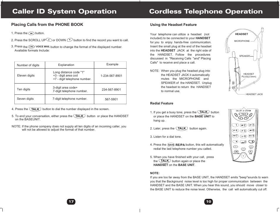 Т³гж 17, Caller id system operation, Cordless telephone operation | Placing calls from the phone book, Using the headset feature | Cortelco 730901-TP2-27F User Manual | Page 17 / 20