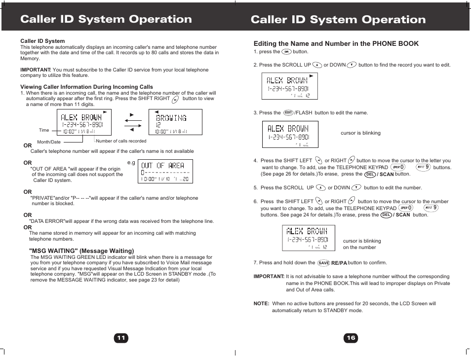 Т³гж 18, Caller id system operation, Total | Editing the name and number in the phone book | Cortelco 730901-TP2-27F User Manual | Page 18 / 20
