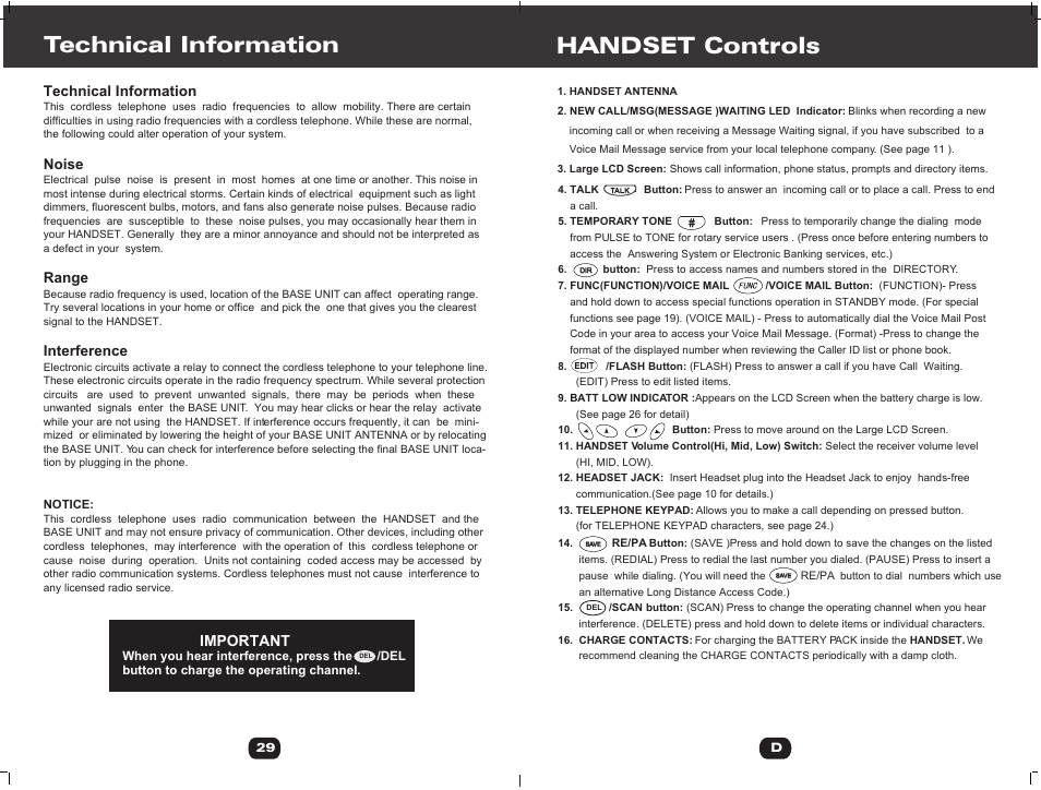 Т³гж 5, Handset controls, Technical information | Noise, Range, Interference, Important | Cortelco 730901-TP2-27F User Manual | Page 5 / 20