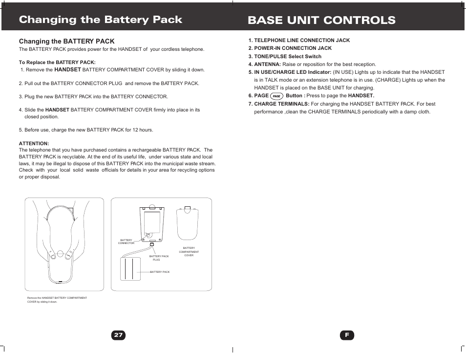 Т³гж 7, Base unit controls, Changing the battery pack | Cortelco 730901-TP2-27F User Manual | Page 7 / 20