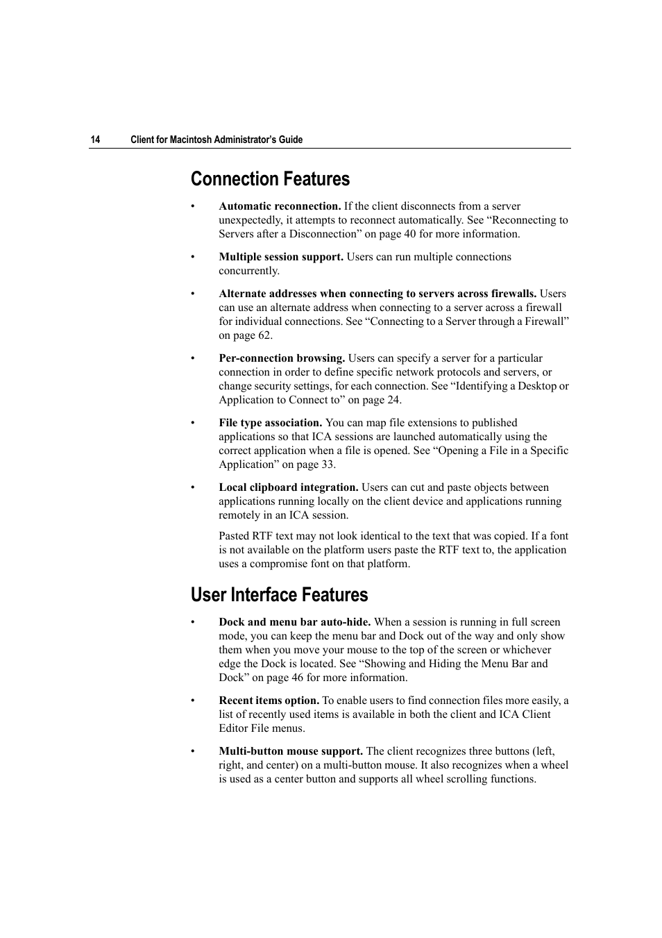 Connection features, User interface features | Citrix Systems Citrix Presentation Client for Macintosh 10 User Manual | Page 14 / 68