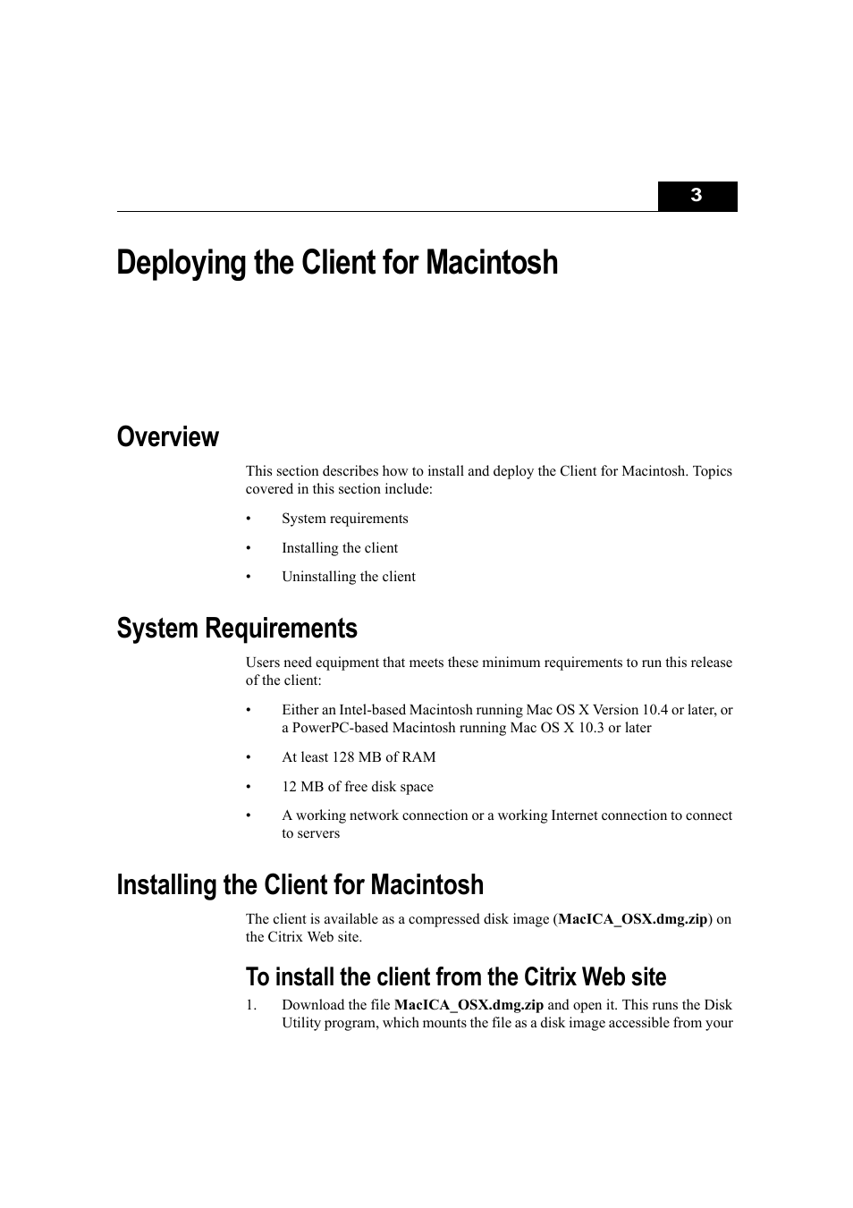 Deploying the client for macintosh, Overview, System requirements | Installing the client for macintosh, To install the client from the citrix web site, Chapter 3 | Citrix Systems Citrix Presentation Client for Macintosh 10 User Manual | Page 19 / 68