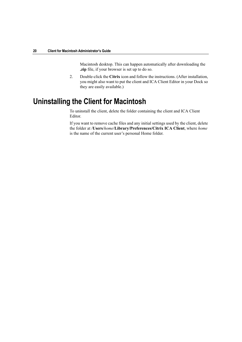 Uninstalling the client for macintosh | Citrix Systems Citrix Presentation Client for Macintosh 10 User Manual | Page 20 / 68