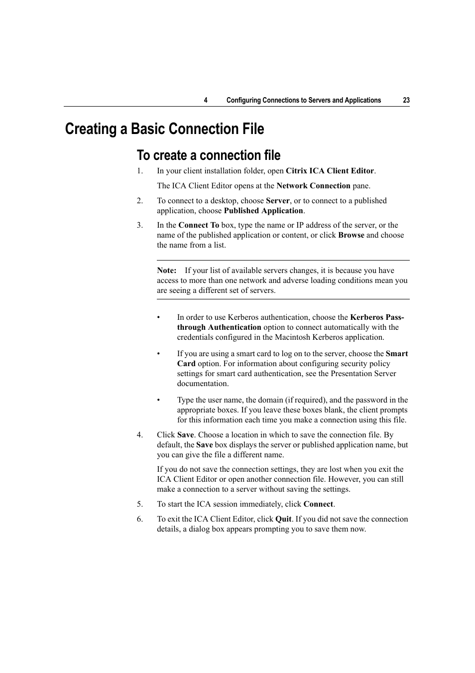 Creating a basic connection file, To create a connection file | Citrix Systems Citrix Presentation Client for Macintosh 10 User Manual | Page 23 / 68
