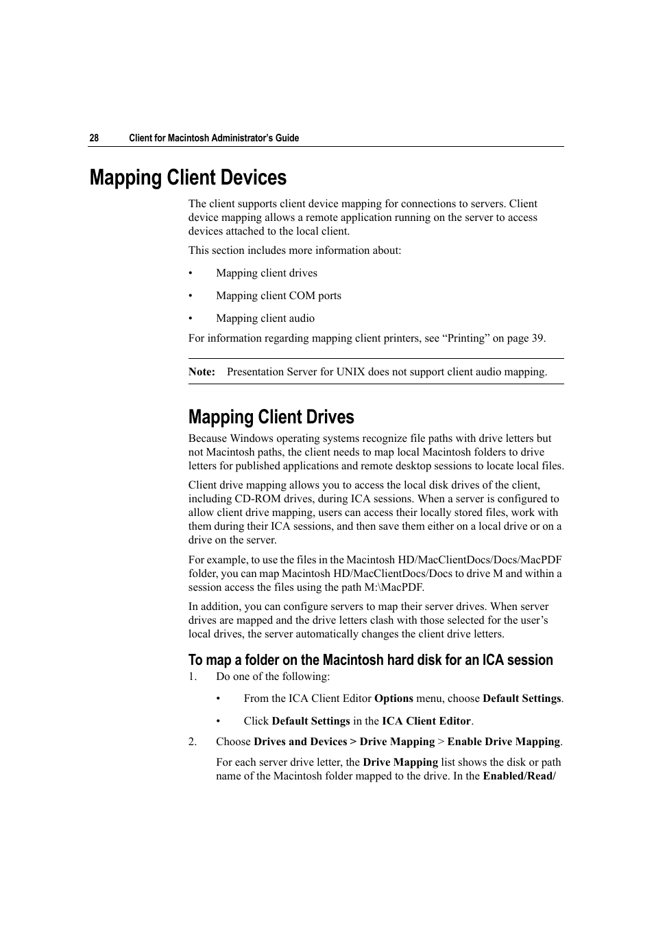 Mapping client devices, Mapping client drives | Citrix Systems Citrix Presentation Client for Macintosh 10 User Manual | Page 28 / 68