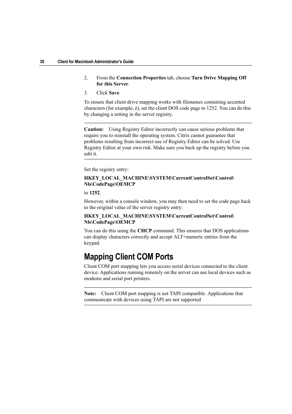 Mapping client com ports | Citrix Systems Citrix Presentation Client for Macintosh 10 User Manual | Page 30 / 68