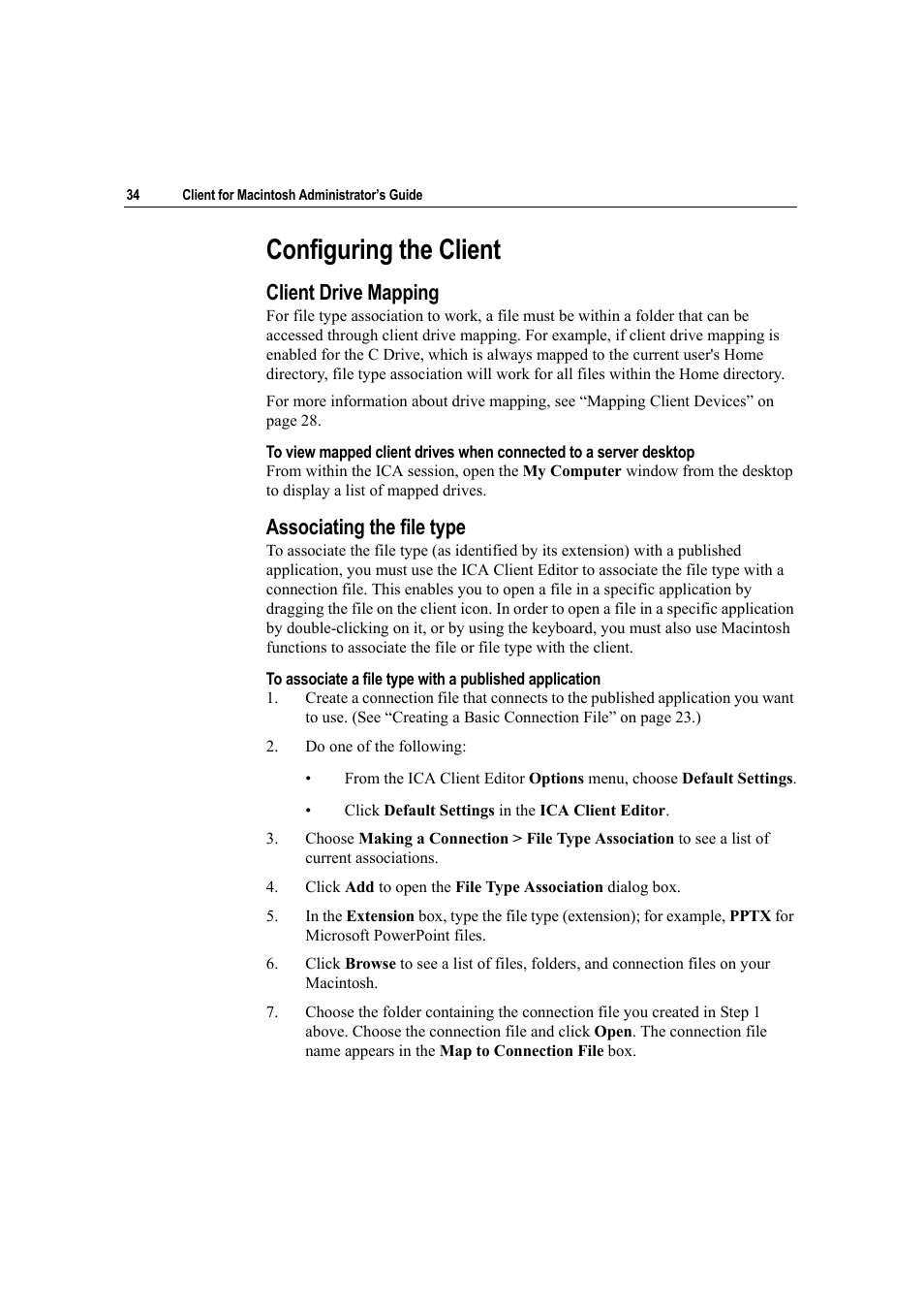 Configuring the client, Client drive mapping associating the file type, Client drive mapping | Associating the file type | Citrix Systems Citrix Presentation Client for Macintosh 10 User Manual | Page 34 / 68