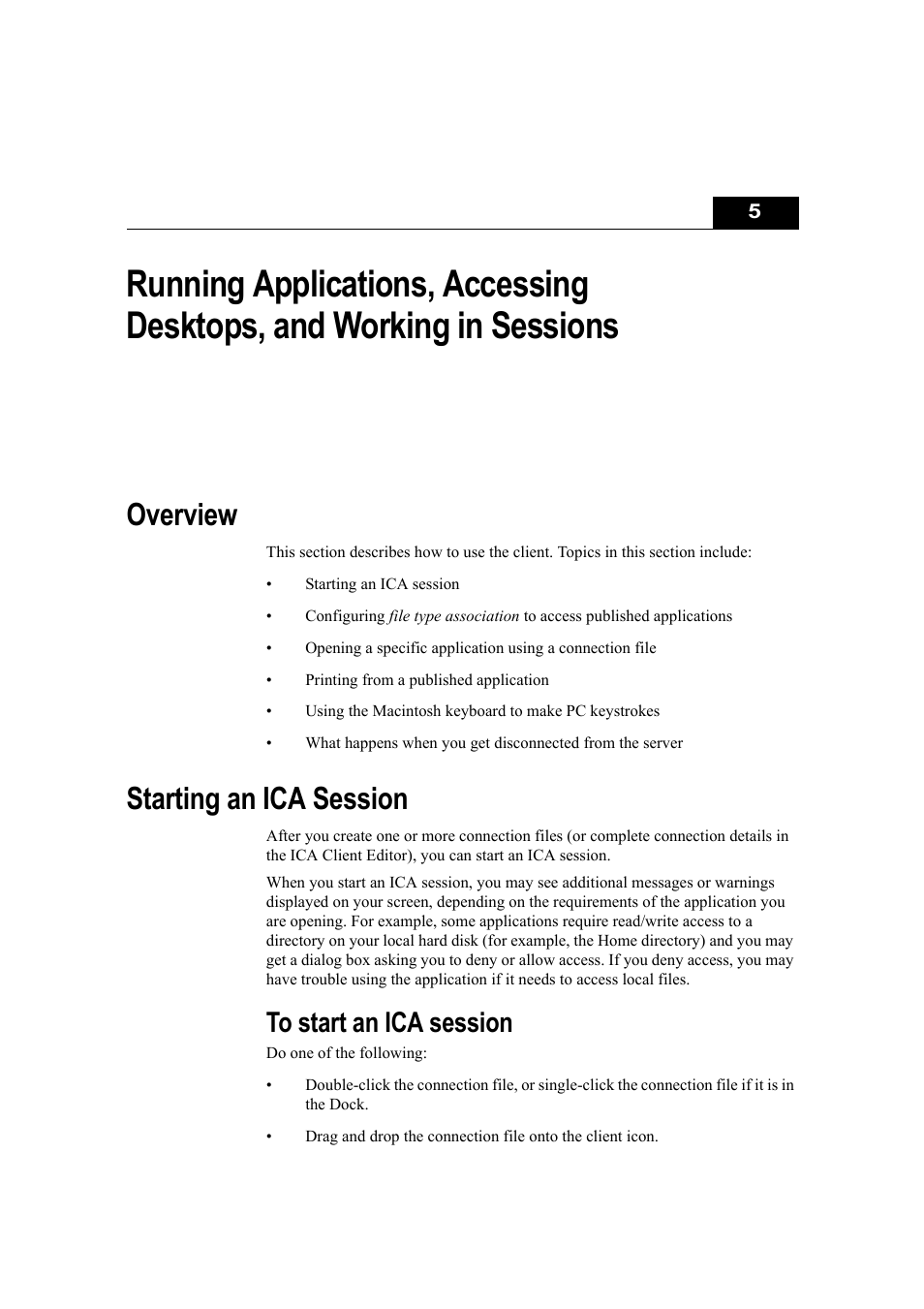 Overview, Starting an ica session, To start an ica session | Chapter 5, Overview starting an ica session, Running applications, accessing desktops, And working in sessions | Citrix Systems Citrix Presentation Client for Macintosh 10 User Manual | Page 37 / 68