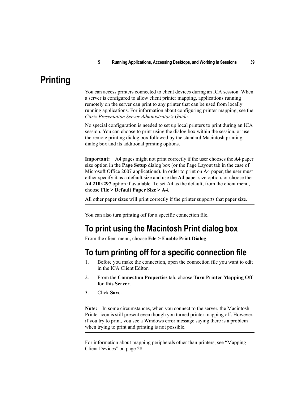 Printing, To print using the macintosh print dialog box | Citrix Systems Citrix Presentation Client for Macintosh 10 User Manual | Page 39 / 68