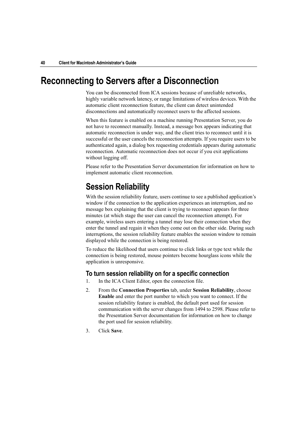 Reconnecting to servers after a disconnection, Session reliability | Citrix Systems Citrix Presentation Client for Macintosh 10 User Manual | Page 40 / 68